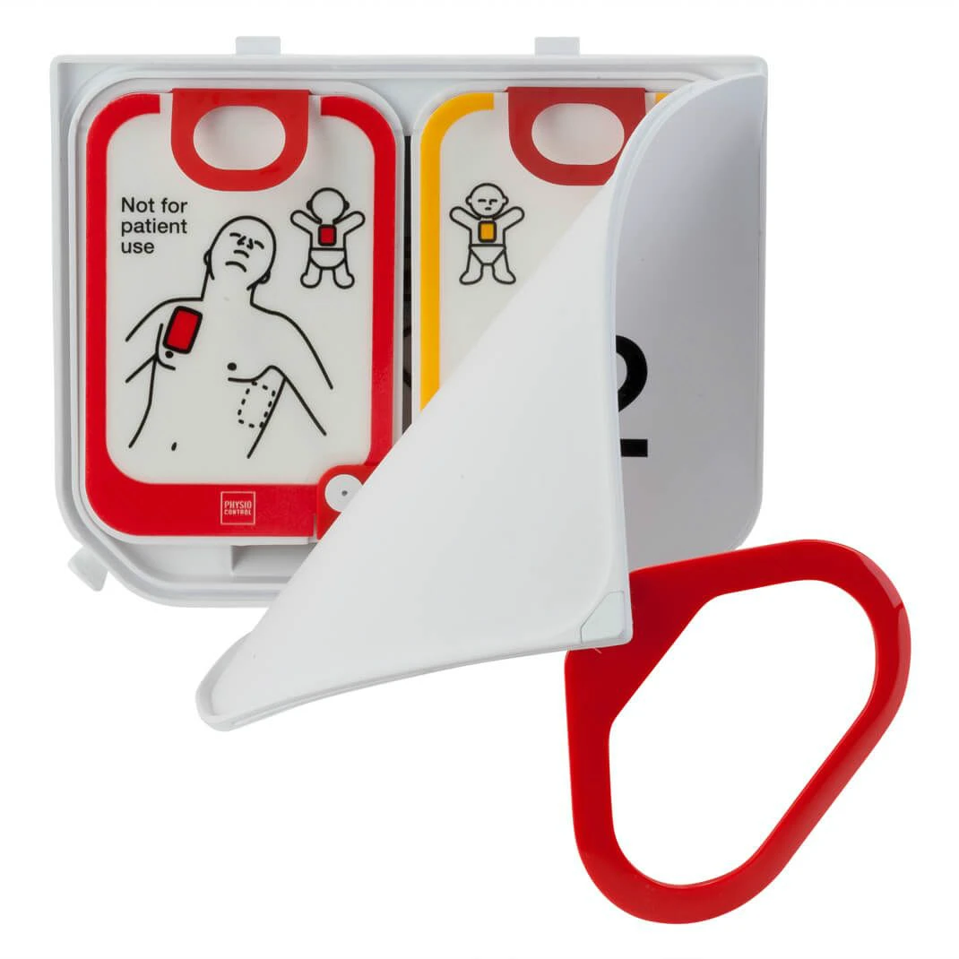 Pochette d’électrodes de défibrillation avec des pictogrammes (adulte et enfant).
